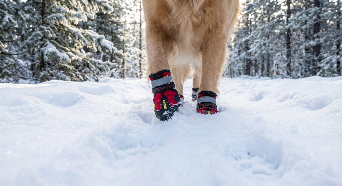 Golden retriever med vinterskor går genom snö i svensk skog, närbild på tassarna med skyddande boots