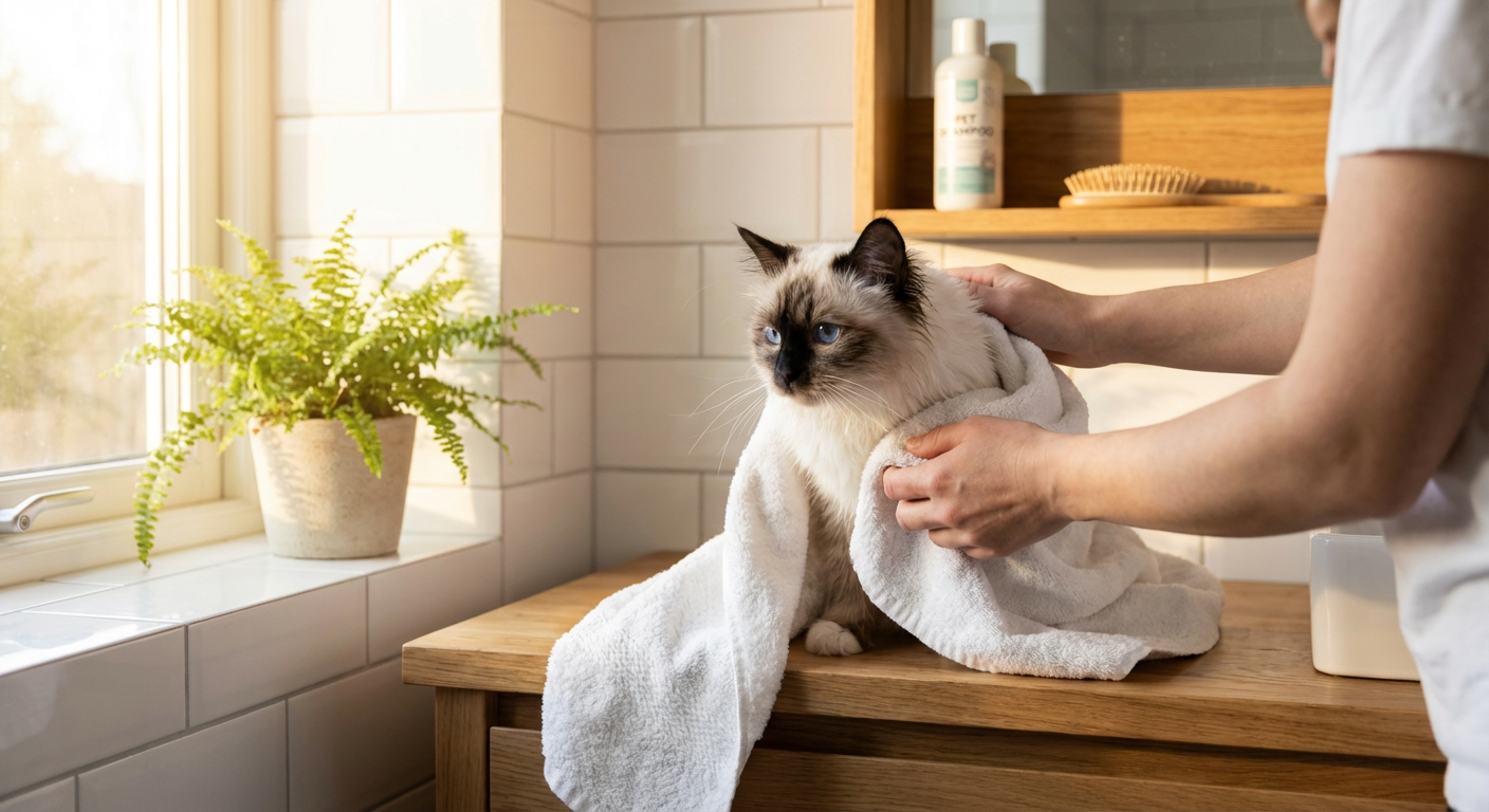 Helig birma-katt torkas försiktigt med handduk efter bad i ljust badrum med skandinavisk inredning