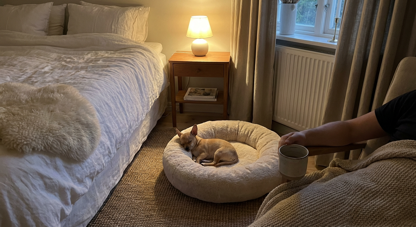 Chihuahuavalp sover tryggt i hundbädd bredvid sängen med mjukt nattljus i skandinaviskt sovrum
