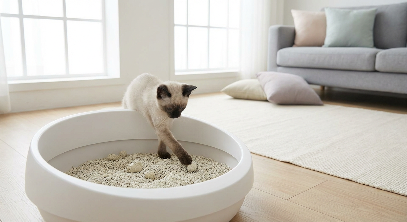 Siameskattunge undersöker finkornig kattsand med tassen i ljust skandinaviskt hem