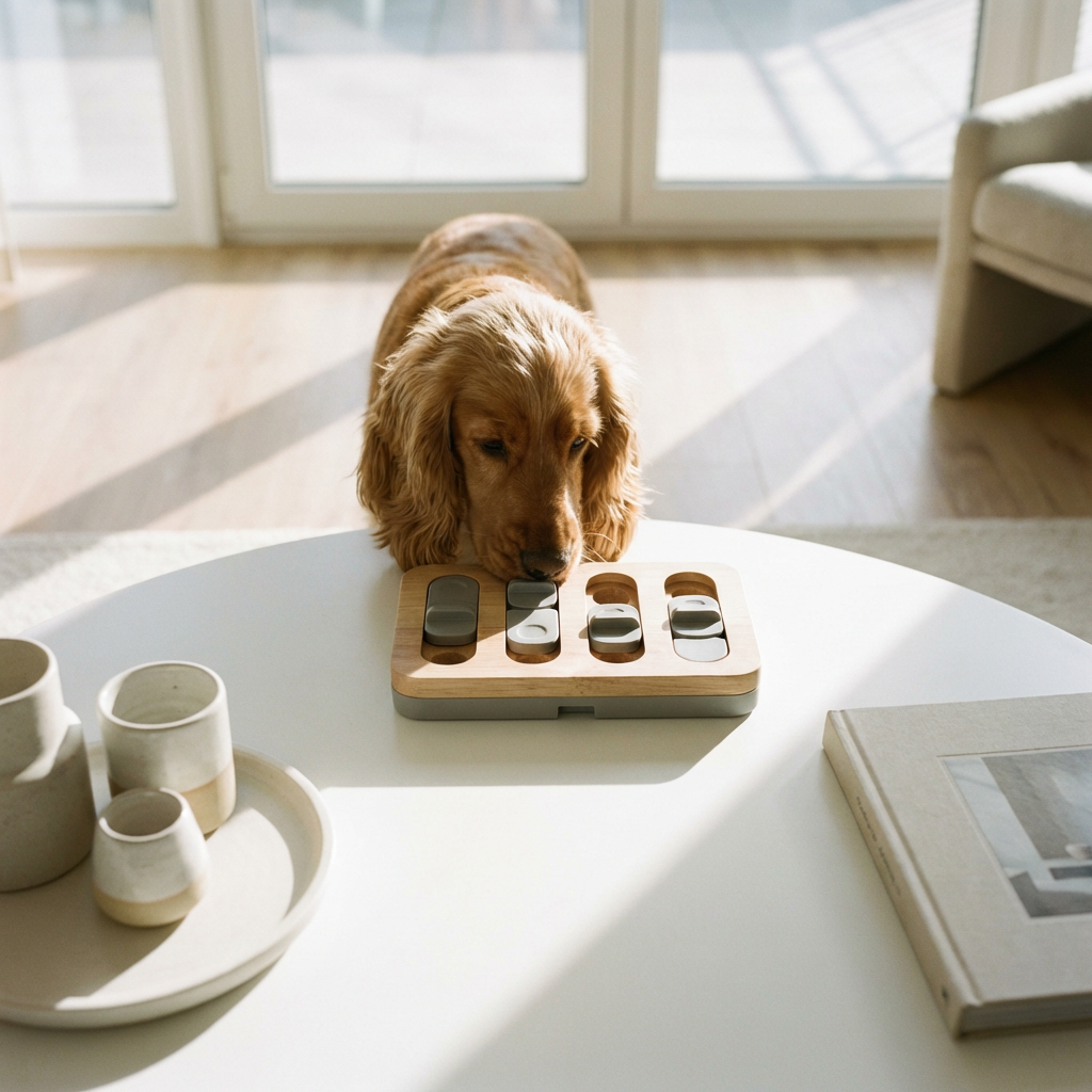 Cocker spaniel löser aktivitetsleksak med nosen på vitt bord i ljust vardagsrum