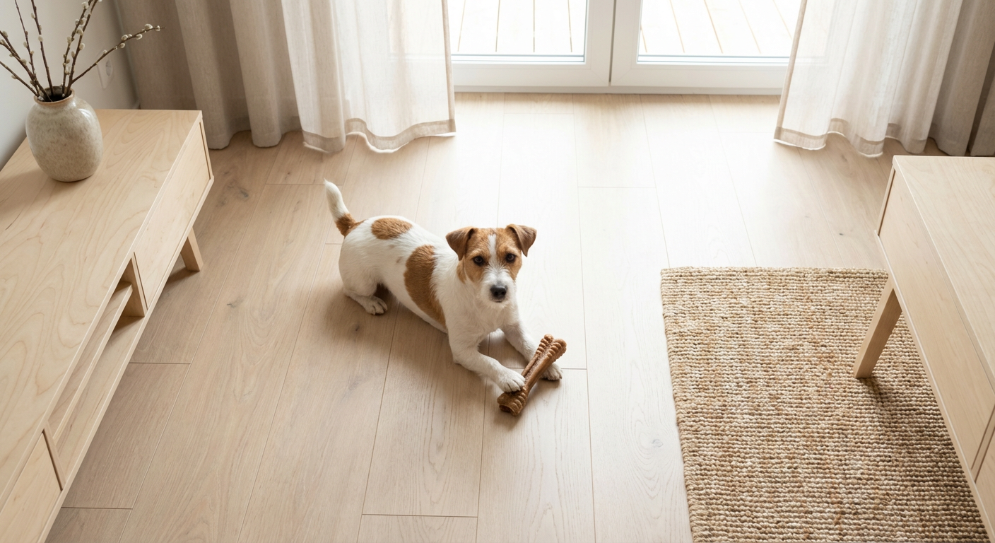 Jack russell terrier ligger på trägolv och tuggar på ett tandrengöringsgodis i ljust vardagsrum