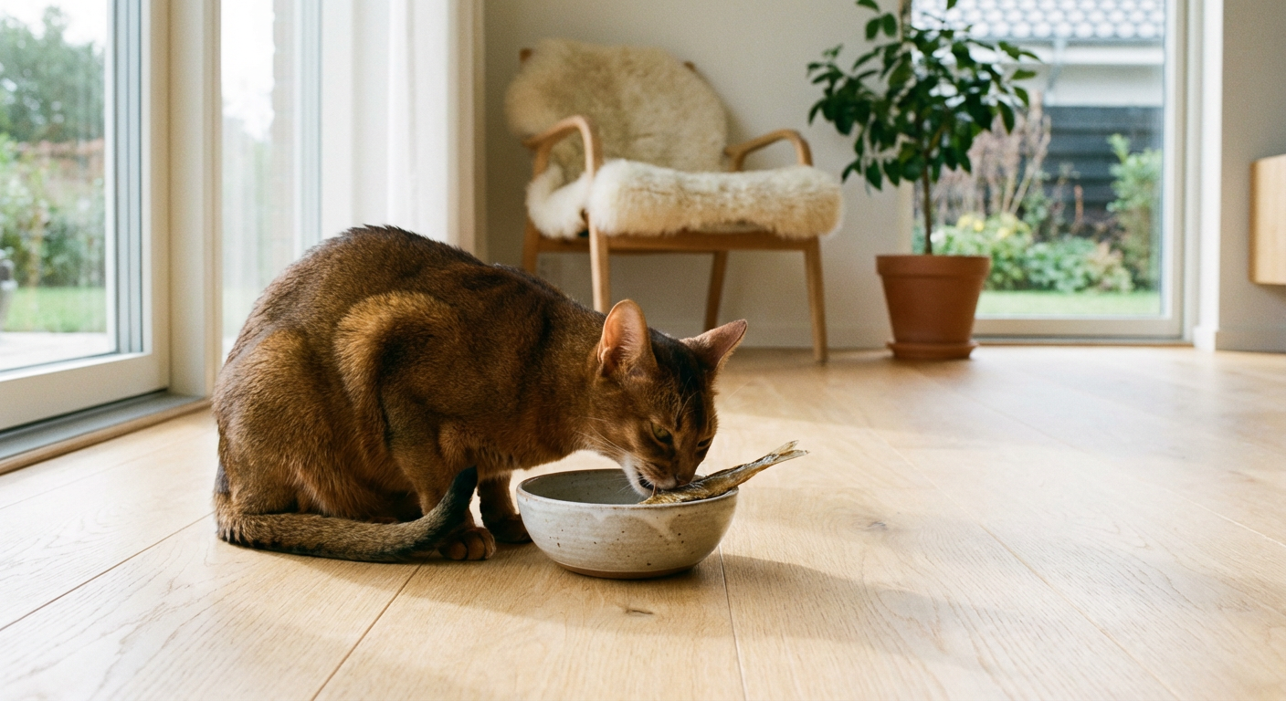 Abessinier äter nyttigt godis ur skål i ljust skandinaviskt hem