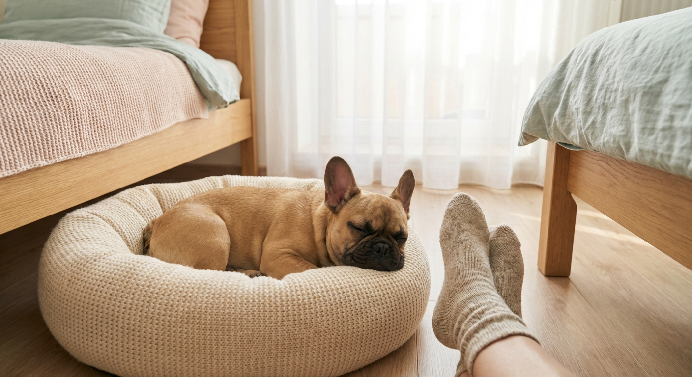 Fransk bulldogg-valp sover tryggt i hundbädd bredvid ägaren i ljust sovrum med naturligt dagsljus