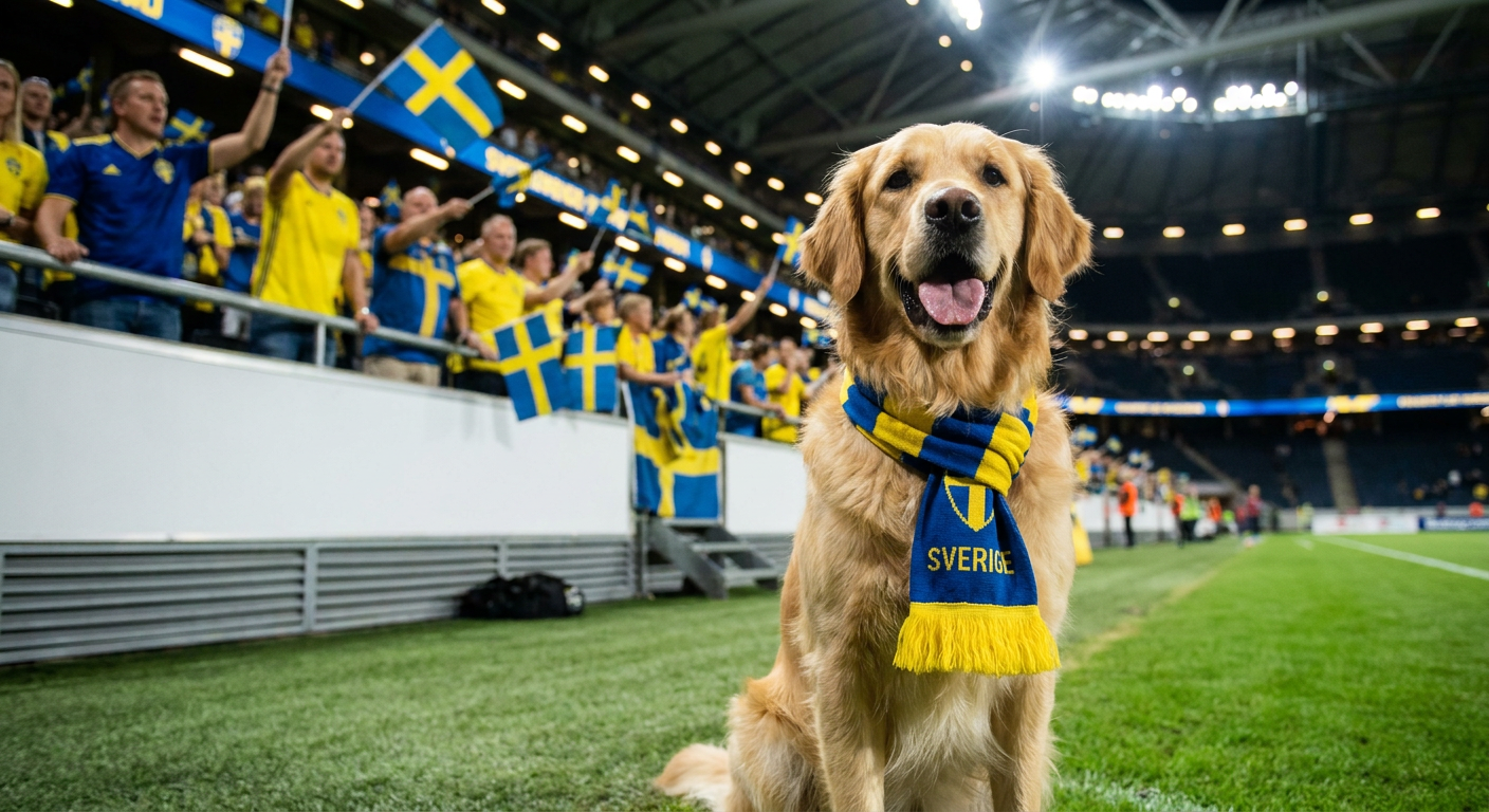 Hund med blågul scarf på läktaren